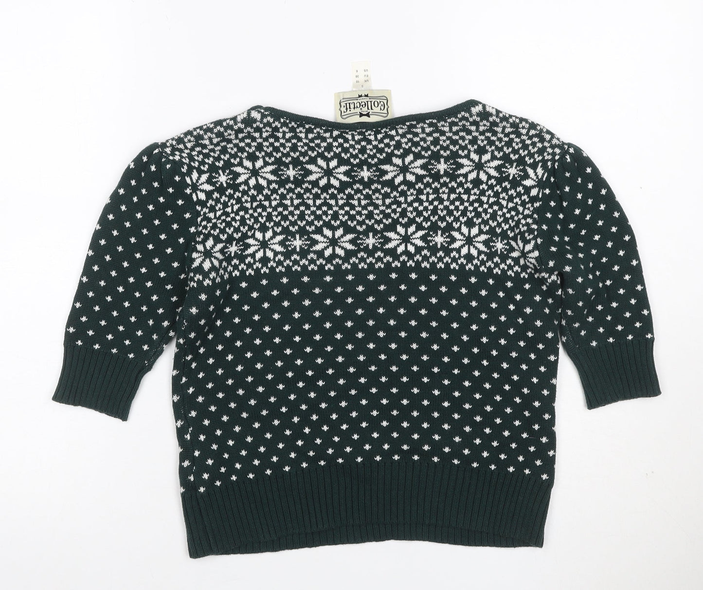 Collectif Women Green Fair Isle Christmas Jumper UK 10 Puff Sleeve