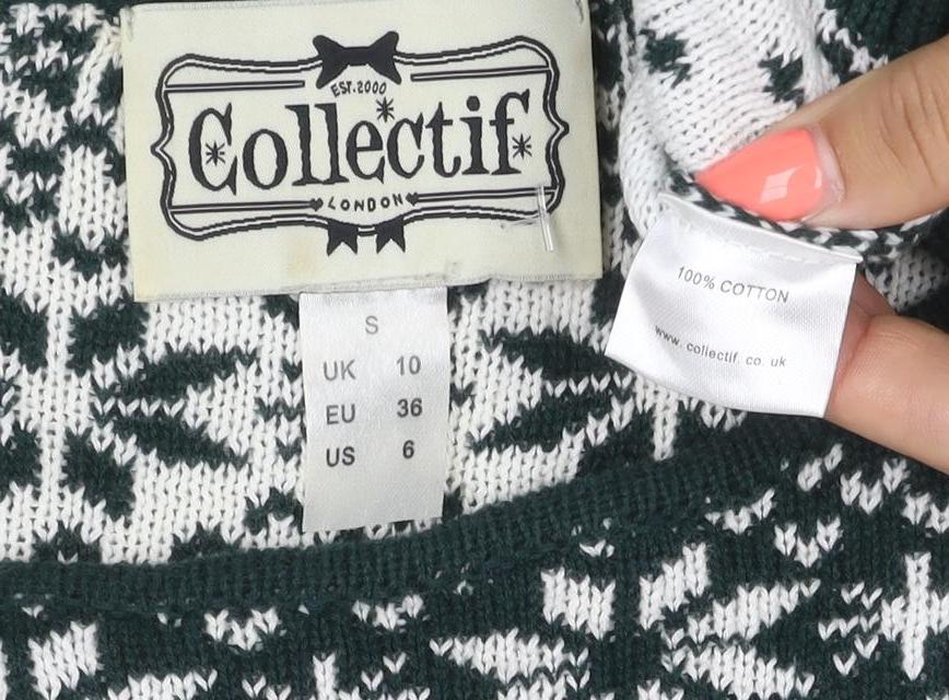 Collectif Women Green Fair Isle Christmas Jumper UK 10 Puff Sleeve