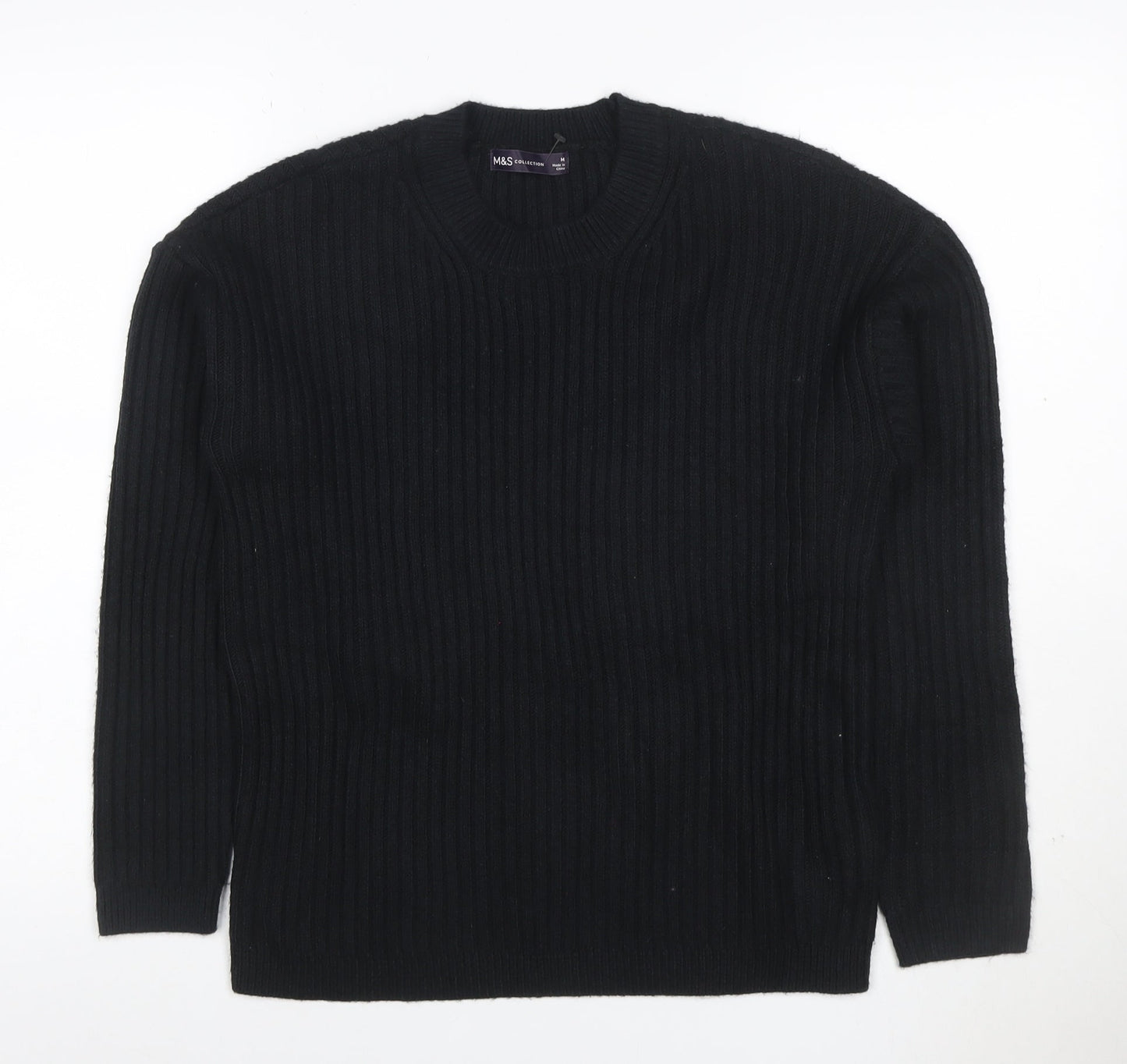 Marks & Spencer Women’s Black M Rib Knit Crew Neck Wool Blend Jumper