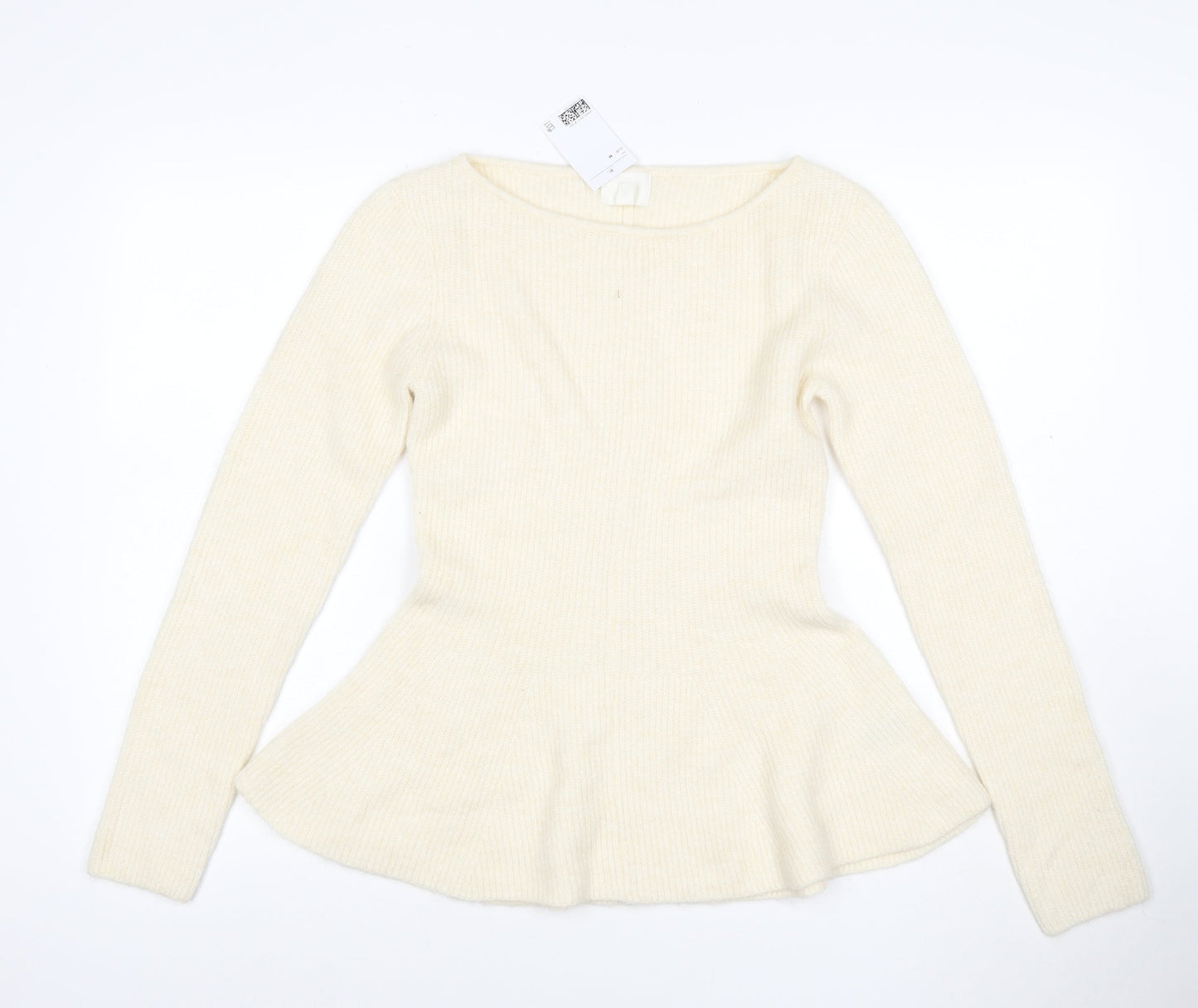 H&M Women Ivory M Ribbed Boat Neck Peplum Knit Jumper