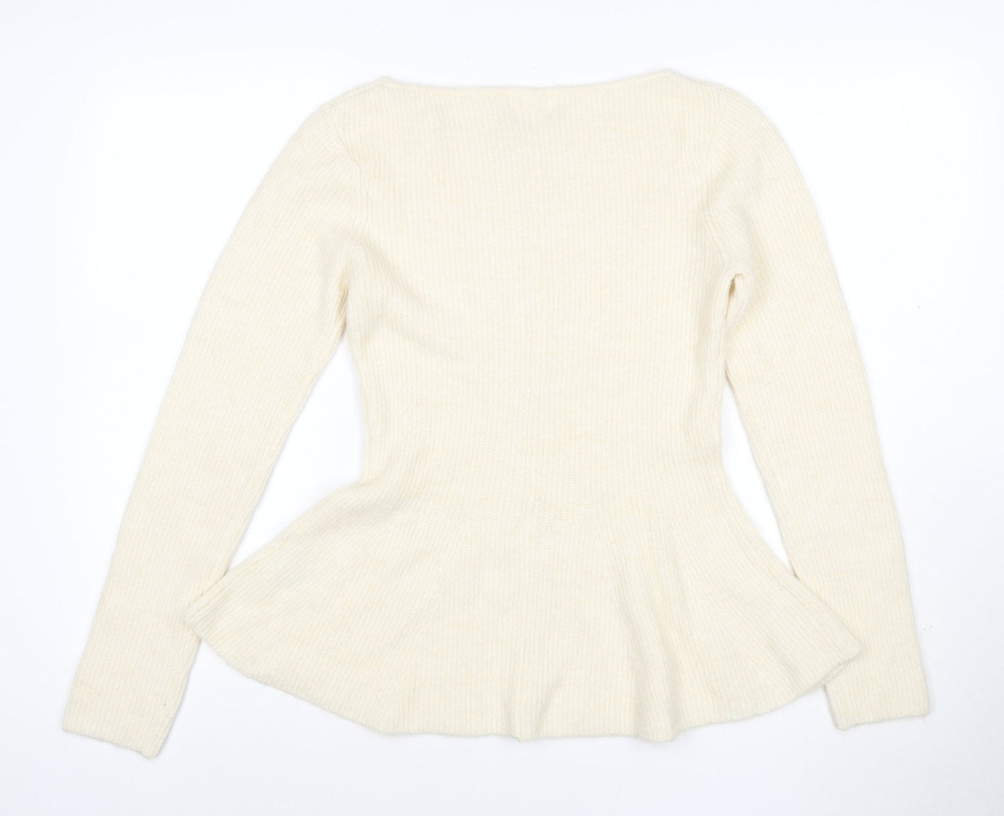 H&M Women Ivory M Ribbed Boat Neck Peplum Knit Jumper