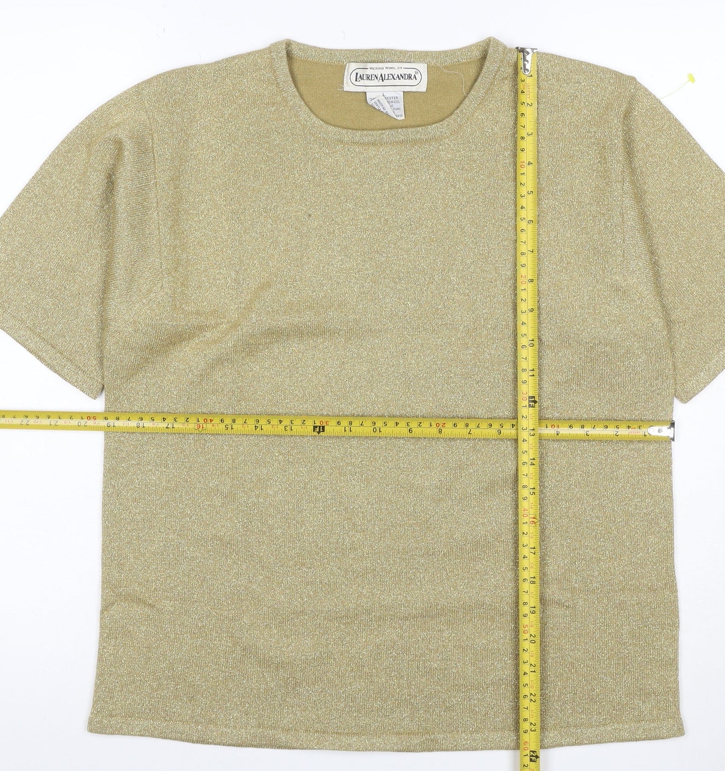 Lauren Alexandra Women Gold L Merino Wool Blend Glitter Knit T-Shirt