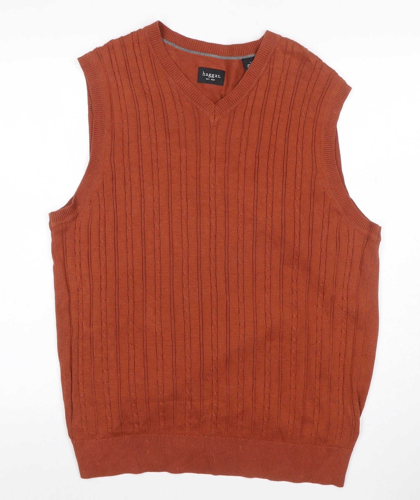 Haggar Men Orange L Cable Knit V-Neck Cotton Sleeveless Jumper Vest