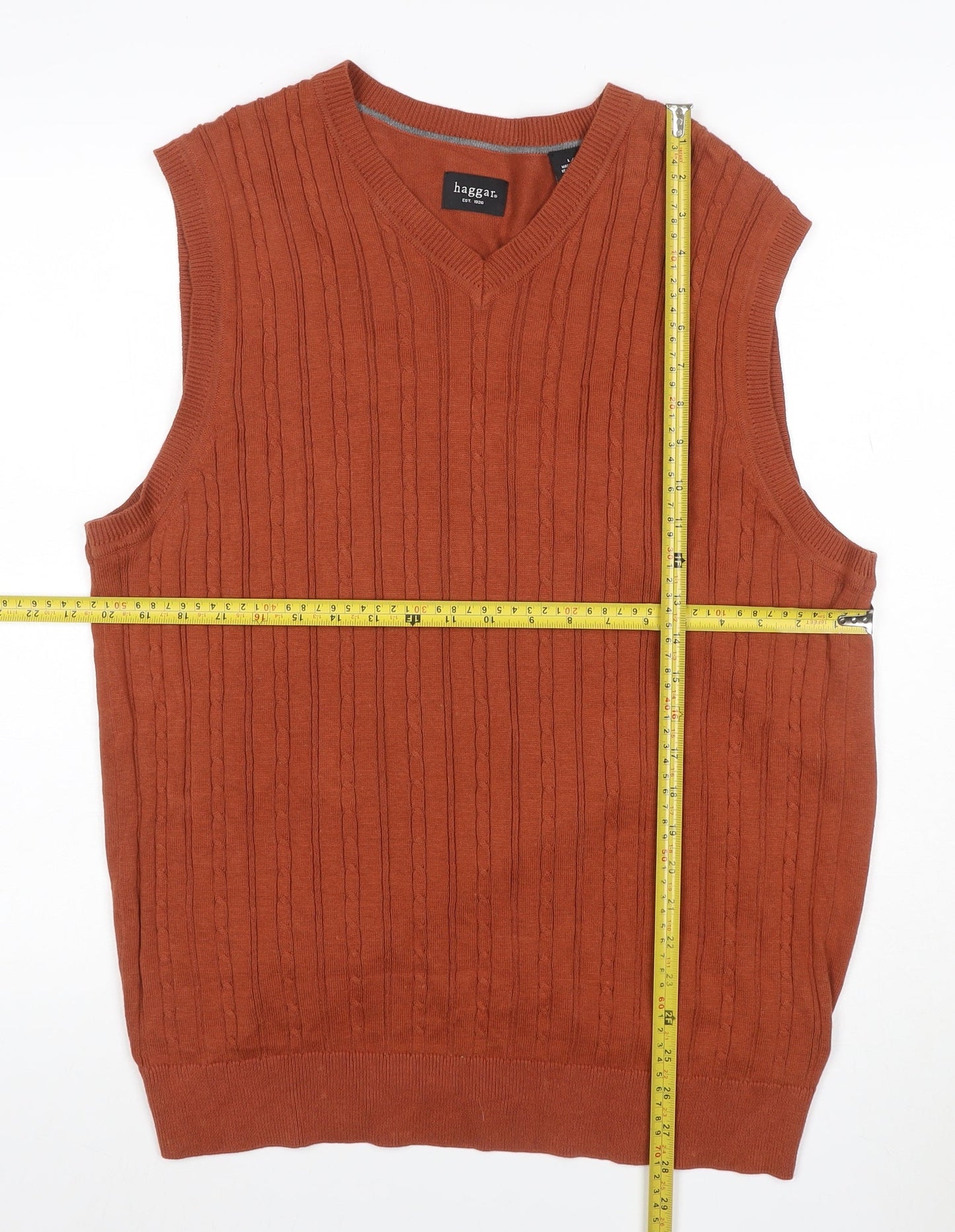 Haggar Men Orange L Cable Knit V-Neck Cotton Sleeveless Jumper Vest