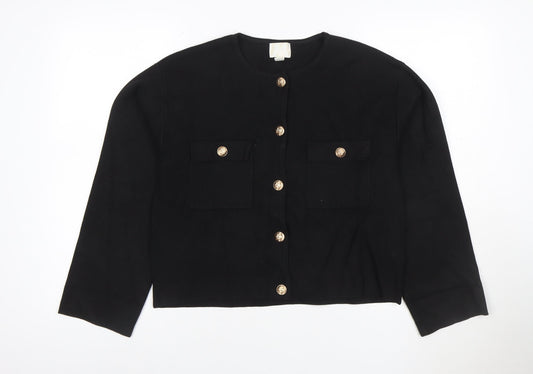H&M Women Black M Gold Button Pocket Knit Cardigan Round Neck