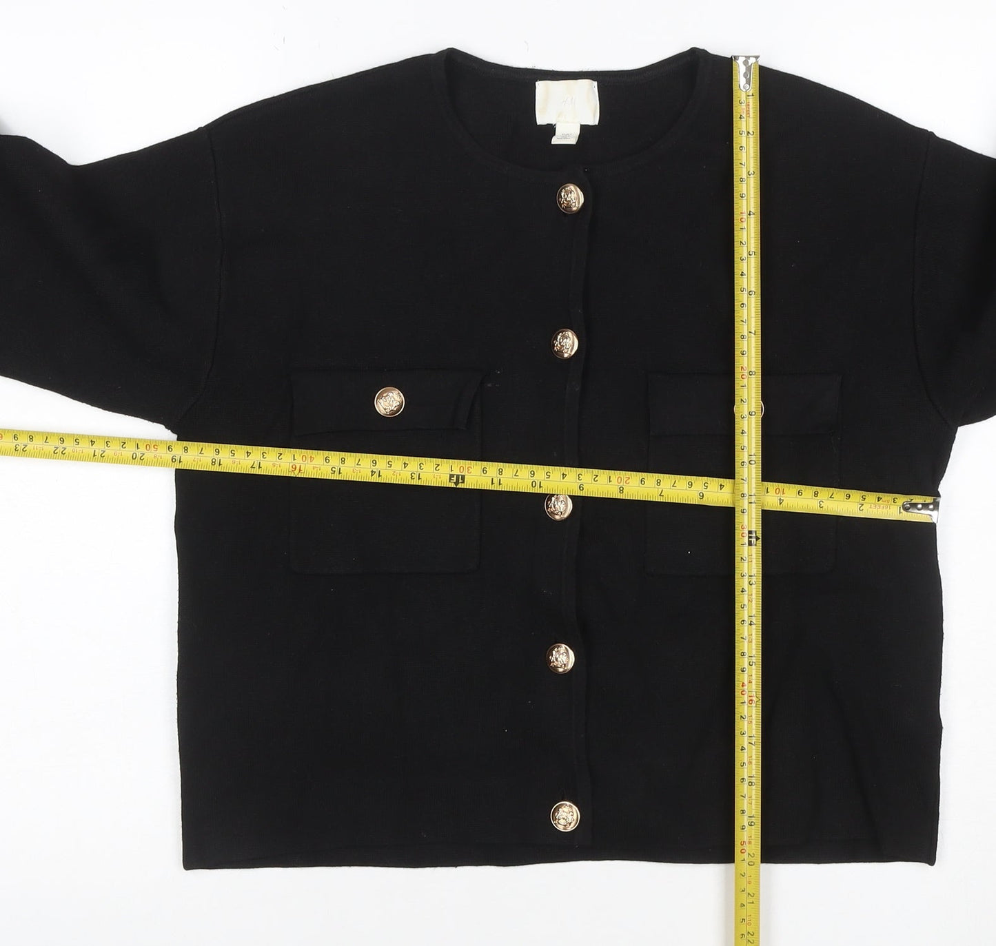 H&M Women Black M Gold Button Pocket Knit Cardigan Round Neck