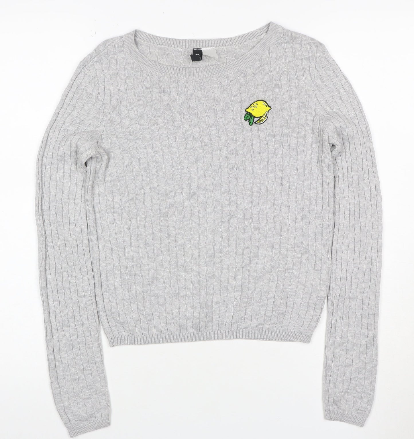 H&M Divided Women Grey S Cable Knit Lemon Embroidered Crew Neck Jumper