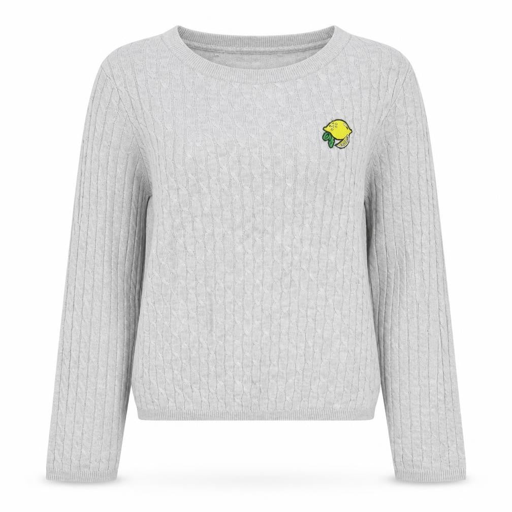 H&M Divided Women Grey S Cable Knit Lemon Embroidered Crew Neck Jumper