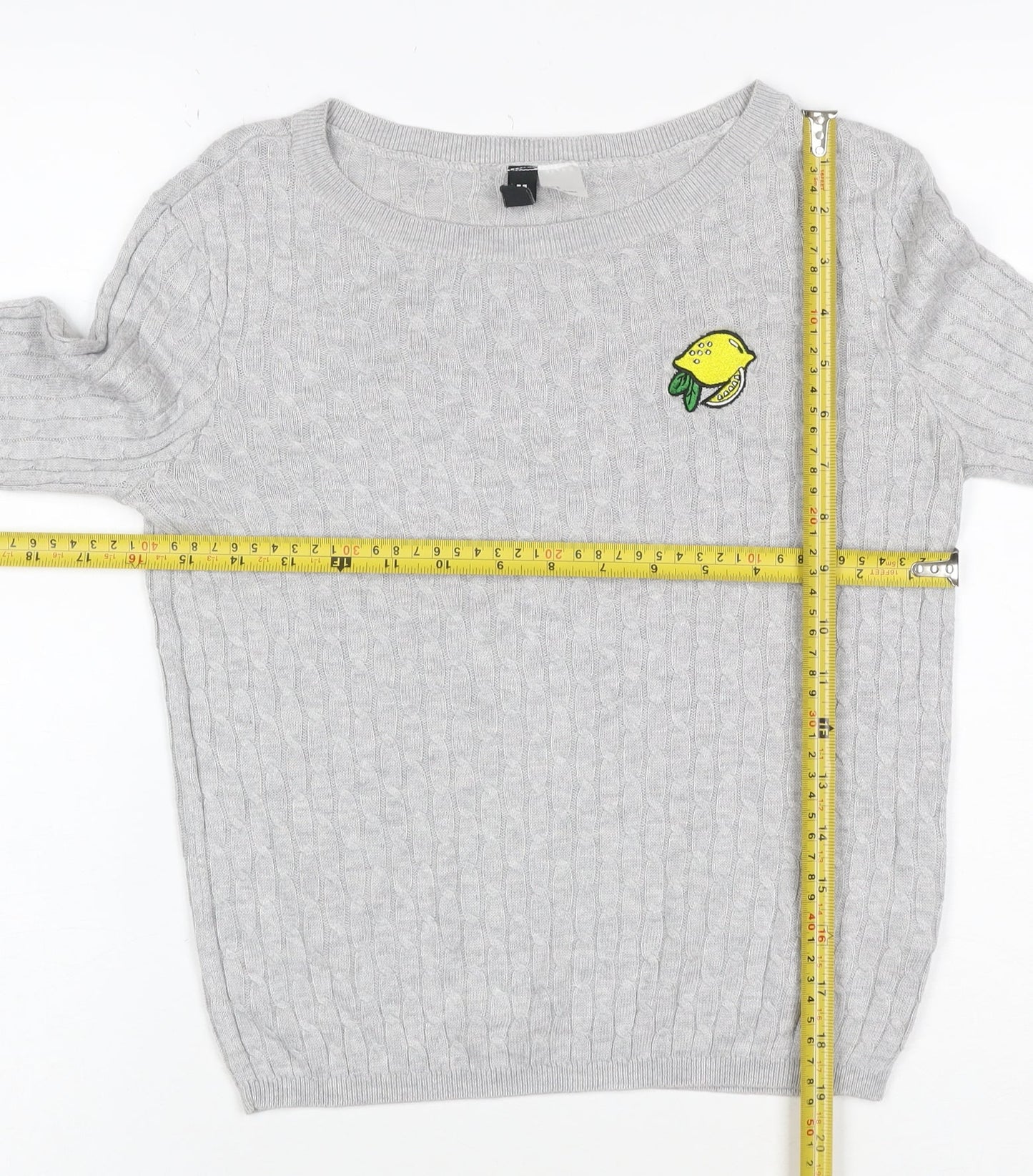 H&M Divided Women Grey S Cable Knit Lemon Embroidered Crew Neck Jumper