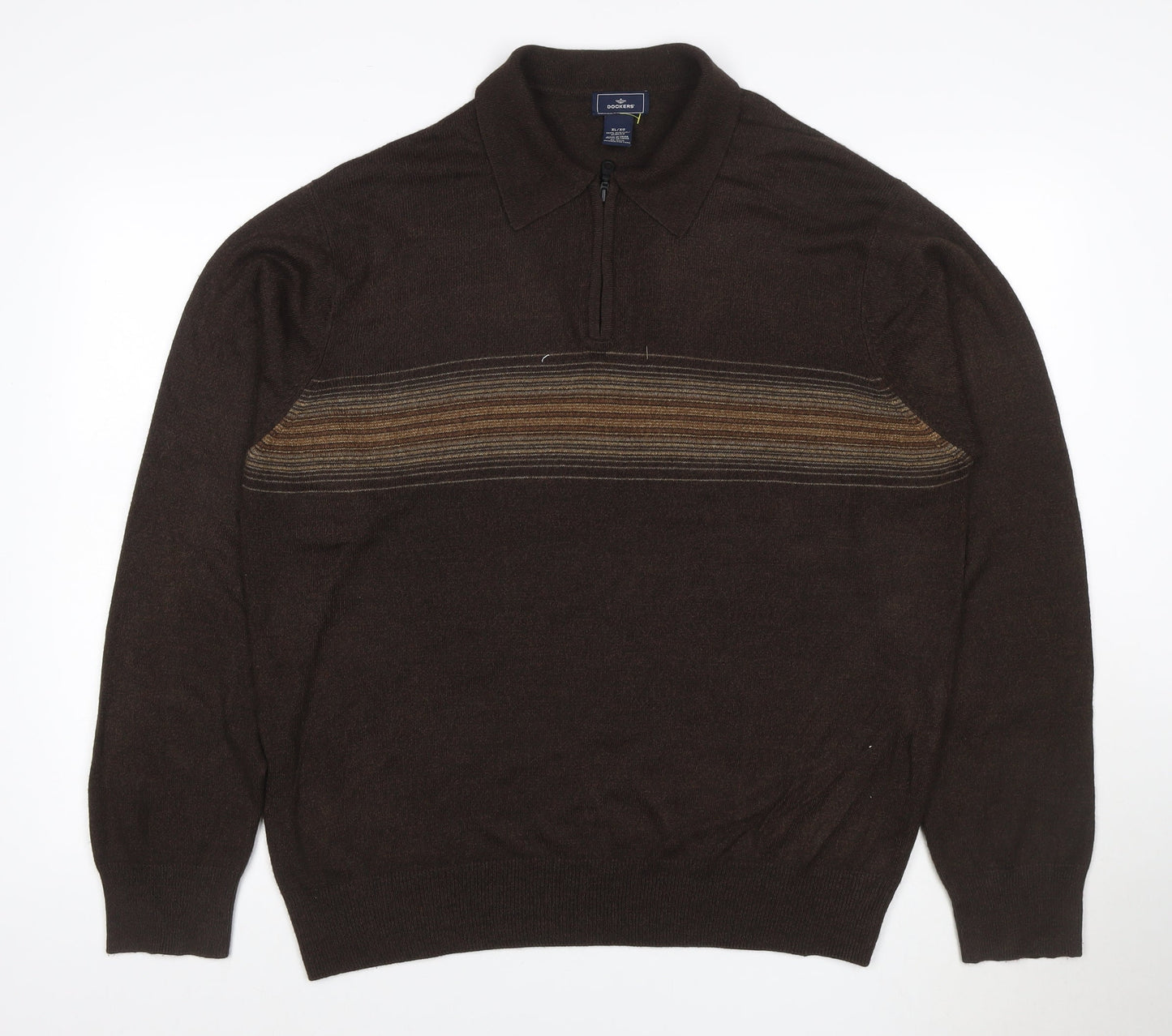 Dockers Men’s Brown XL 1/4 Zip Collared Striped Acrylic Jumper