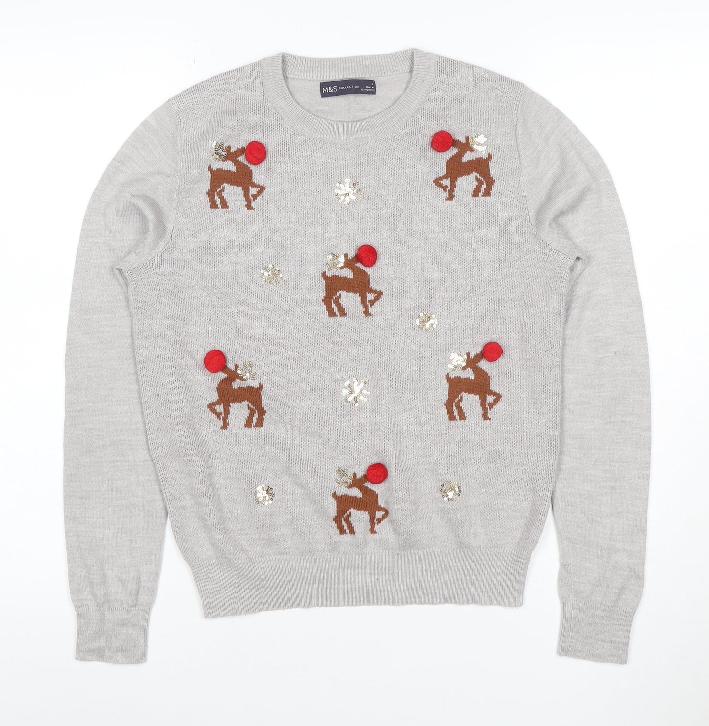 Marks and Spencer Women Grey UK 14 Christmas Reindeer Sequin Jumper