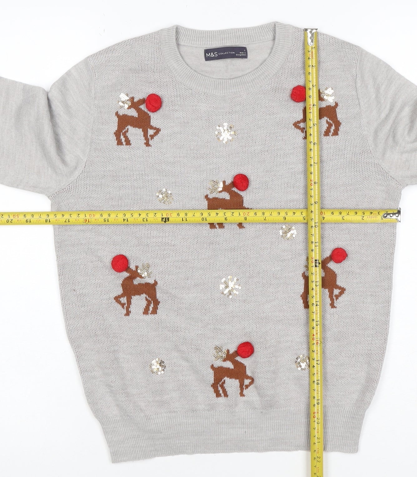 Marks and Spencer Women Grey UK 14 Christmas Reindeer Sequin Jumper