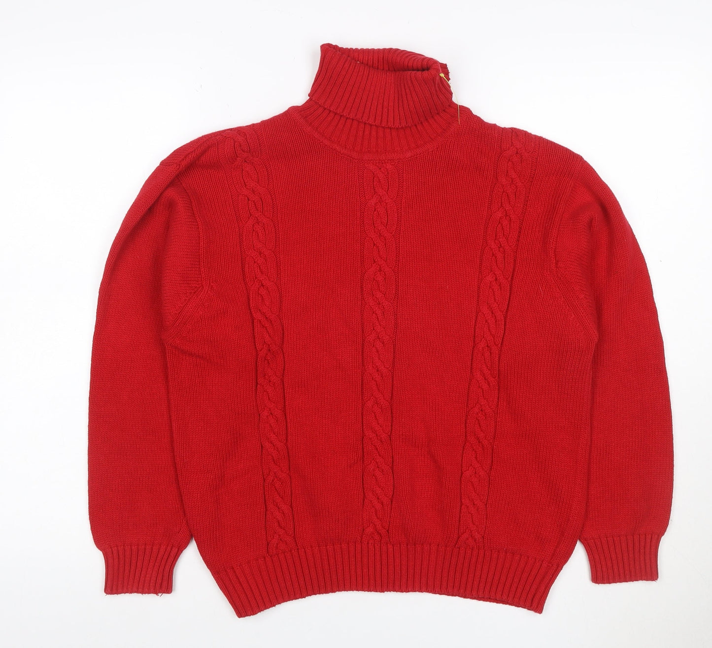 Talbots Women Red Petite L Cable Knit Roll Neck Cotton Jumper