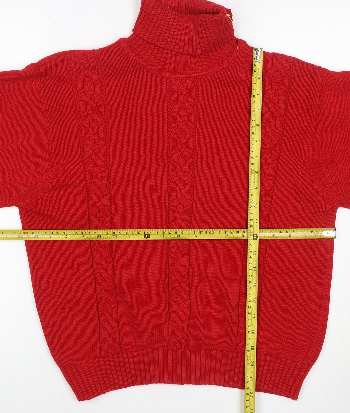 Talbots Women Red Petite L Cable Knit Roll Neck Cotton Jumper