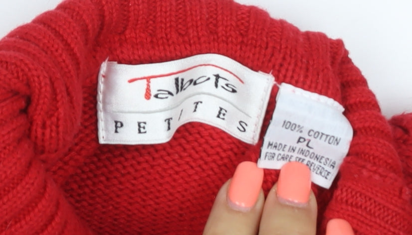Talbots Women Red Petite L Cable Knit Roll Neck Cotton Jumper