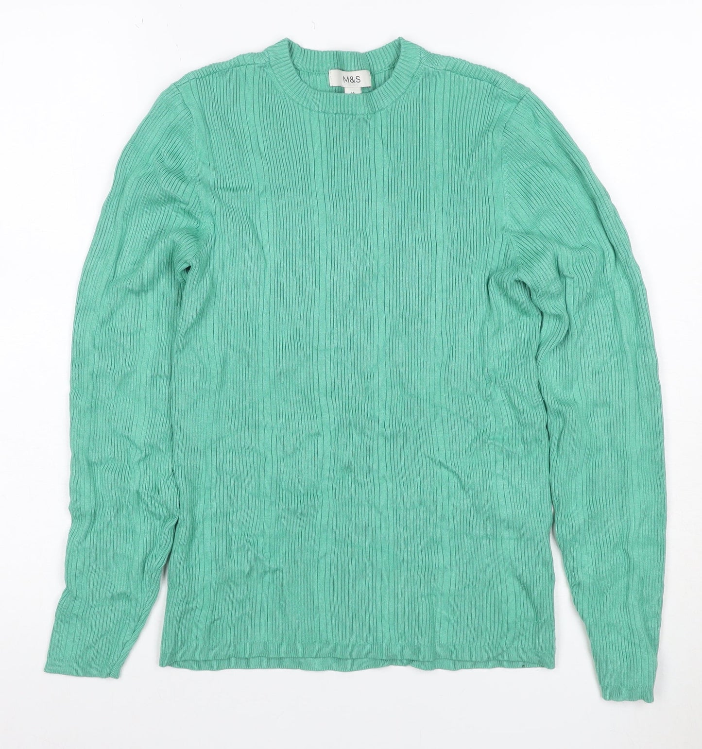 Marks and Spencer Women Green Size 14 Rib Knit Long Sleeve Basic Top