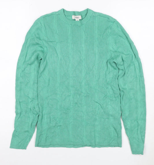 Marks and Spencer Women Green Size 14 Rib Knit Long Sleeve Basic Top