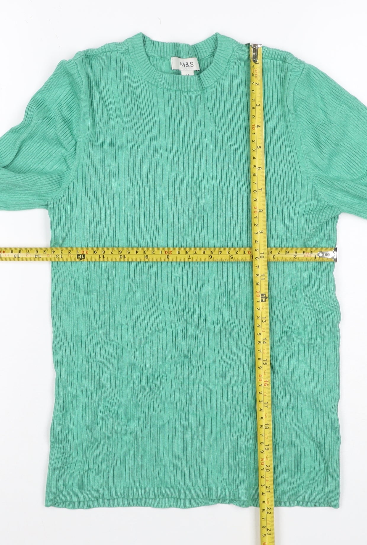 Marks and Spencer Women Green Size 14 Rib Knit Long Sleeve Basic Top