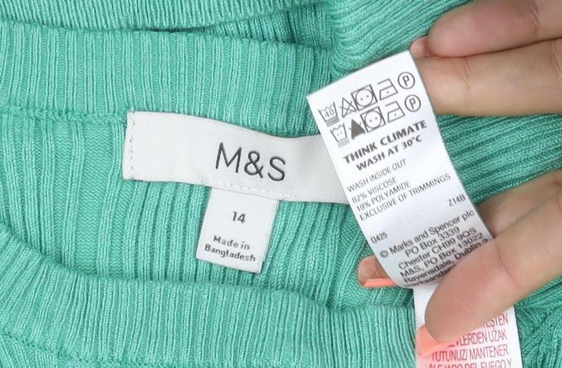 Marks and Spencer Women Green Size 14 Rib Knit Long Sleeve Basic Top