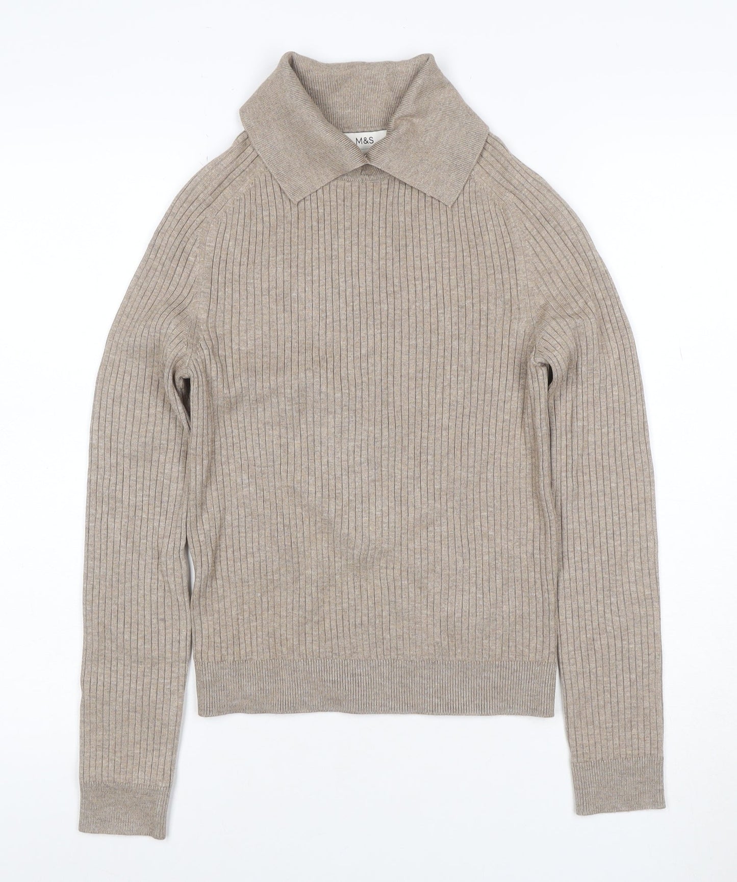 Marks & Spencer Women Beige S Rib Knit Collared Pullover Jumper