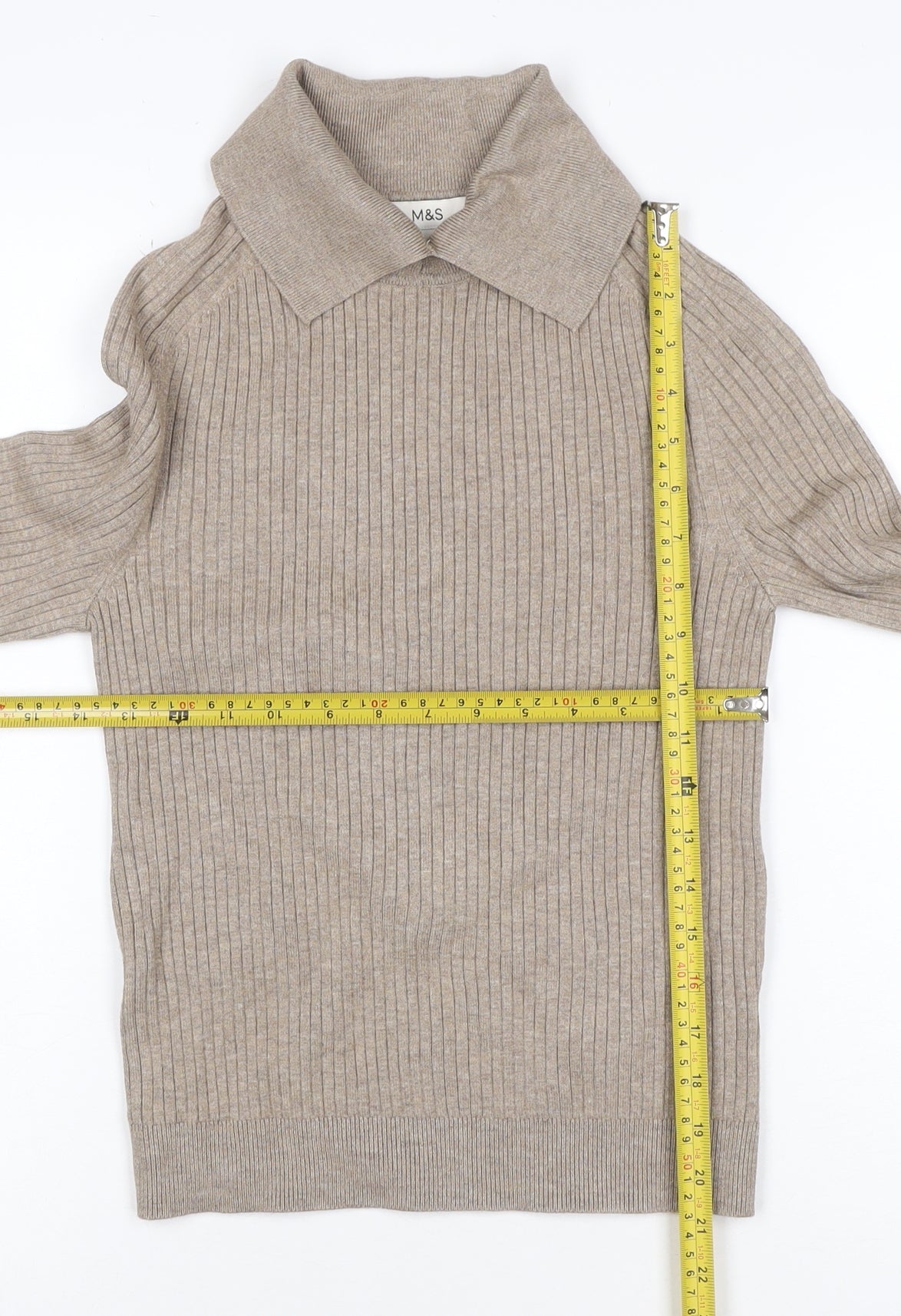 Marks & Spencer Women Beige S Rib Knit Collared Pullover Jumper