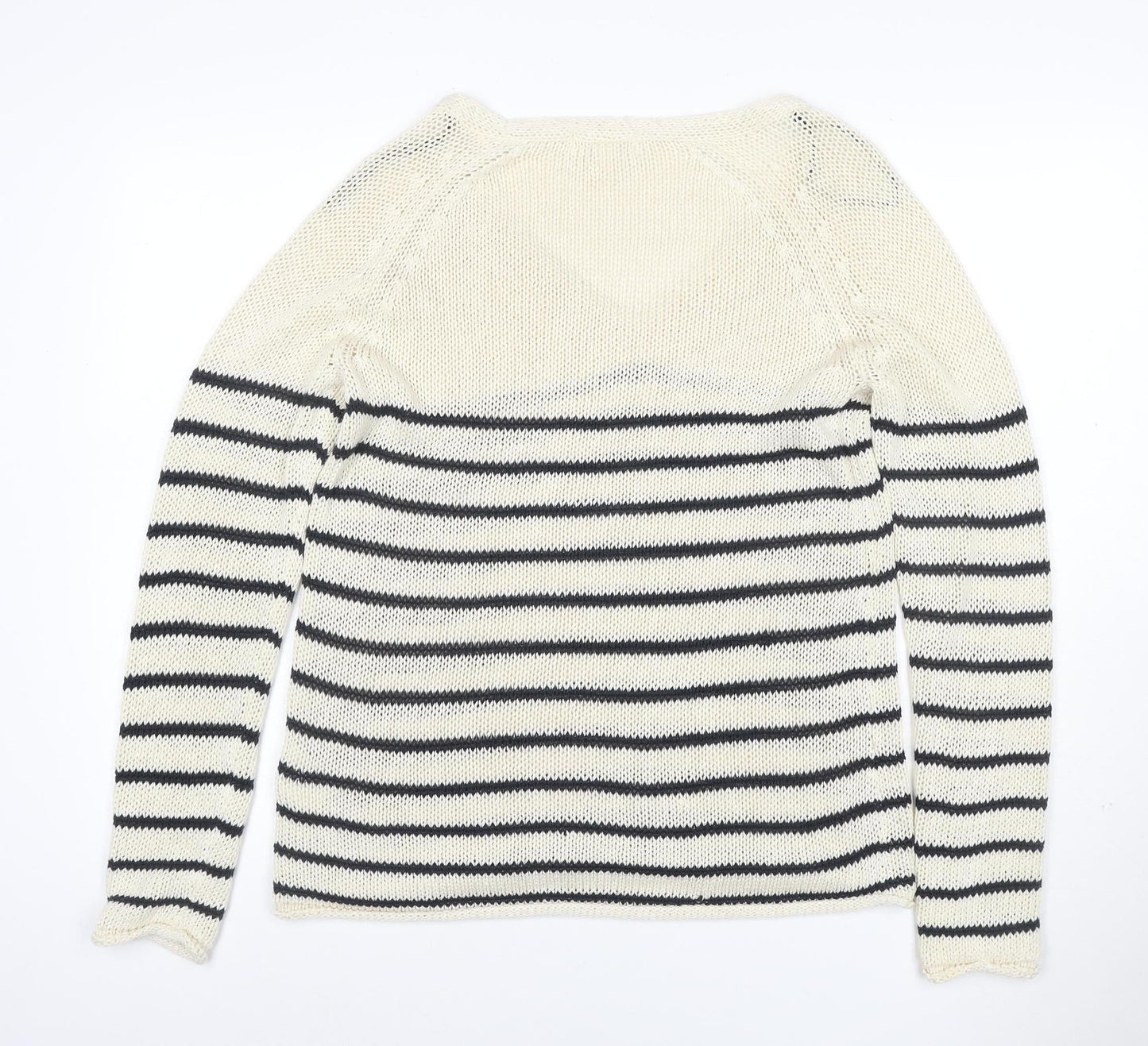 H&M Women’s M Ivory Black Stripe V-Neck Cotton Knit Pullover Jumper
