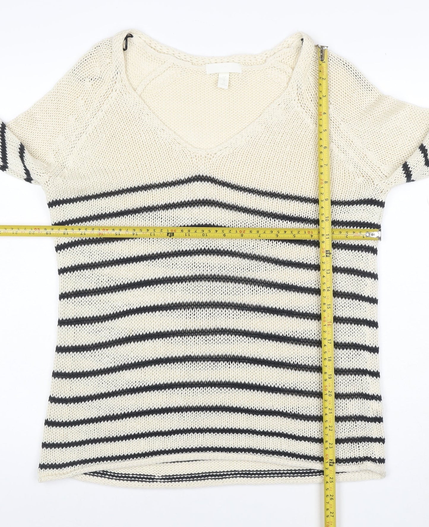 H&M Women’s M Ivory Black Stripe V-Neck Cotton Knit Pullover Jumper