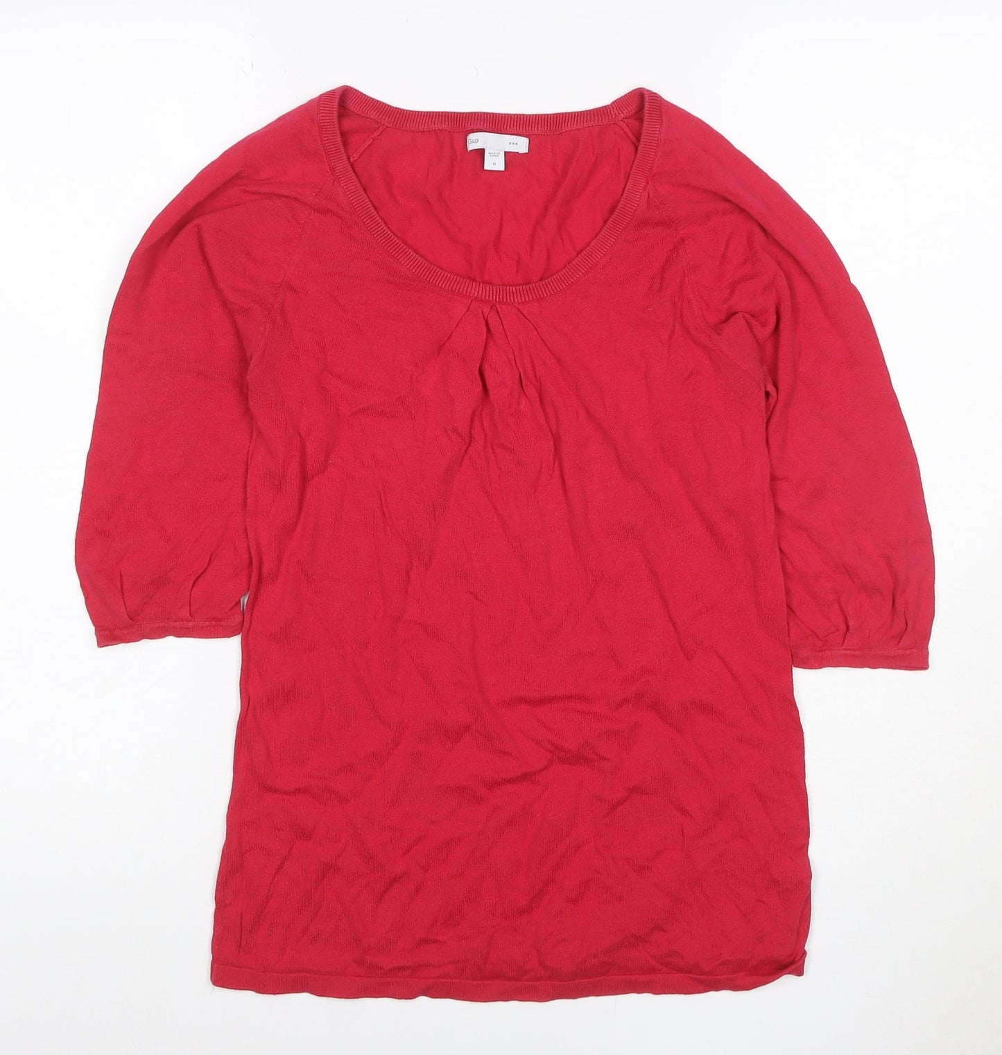 Gap Women Red M Cotton Knit Puff Sleeve Scoop Neck Blouse Top