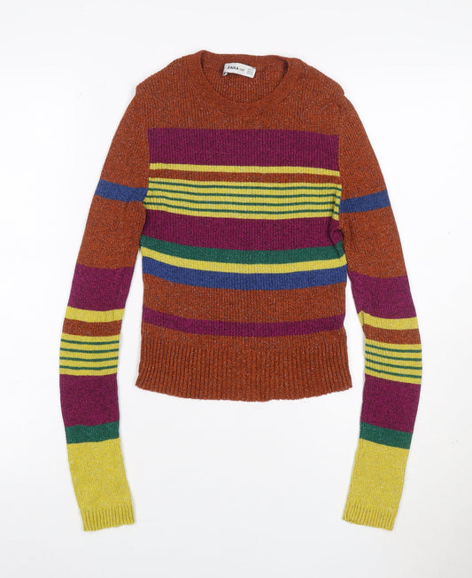 Zara Women Multicoloured M Cropped Rib Knit Striped Long Sleeve Top