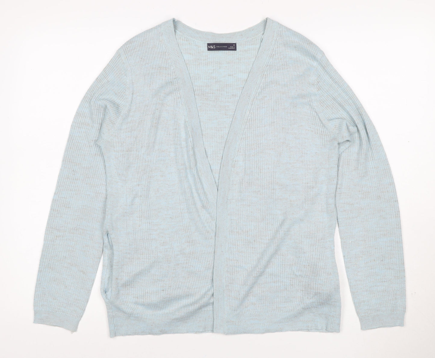 Marks & Spencer Women Blue M Open V-Neck Rib Knit Cardigan