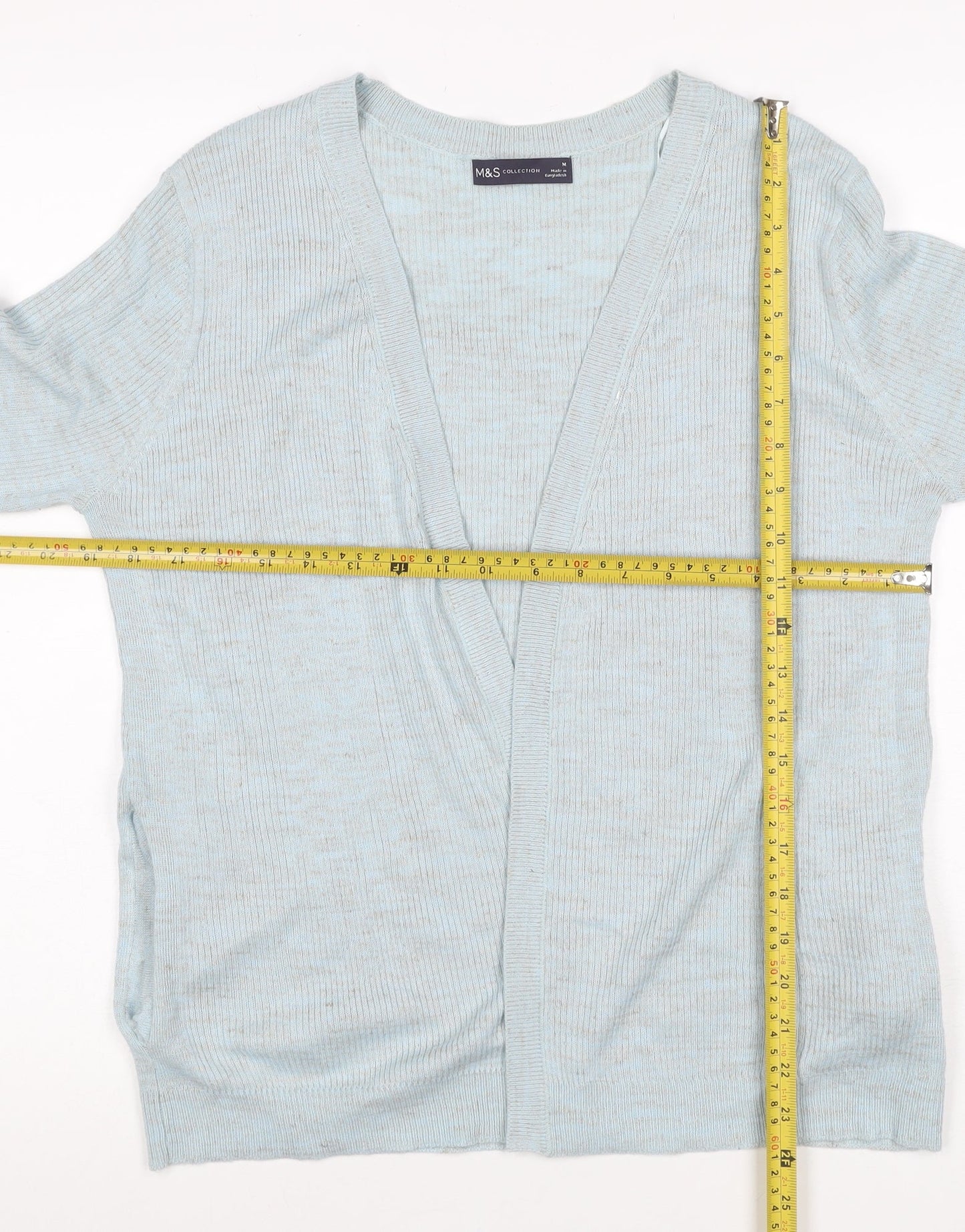 Marks & Spencer Women Blue M Open V-Neck Rib Knit Cardigan