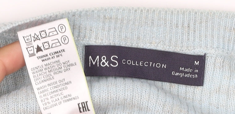 Marks & Spencer Women Blue M Open V-Neck Rib Knit Cardigan