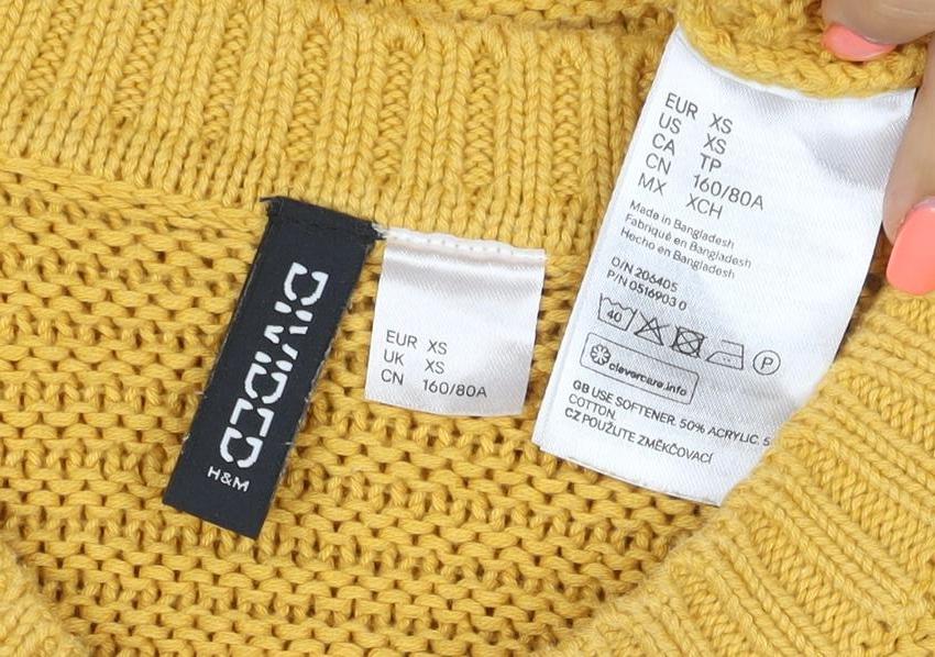 H&M Divided Women Yellow XS Chunky Knit Crew Neck Pullover Jumper