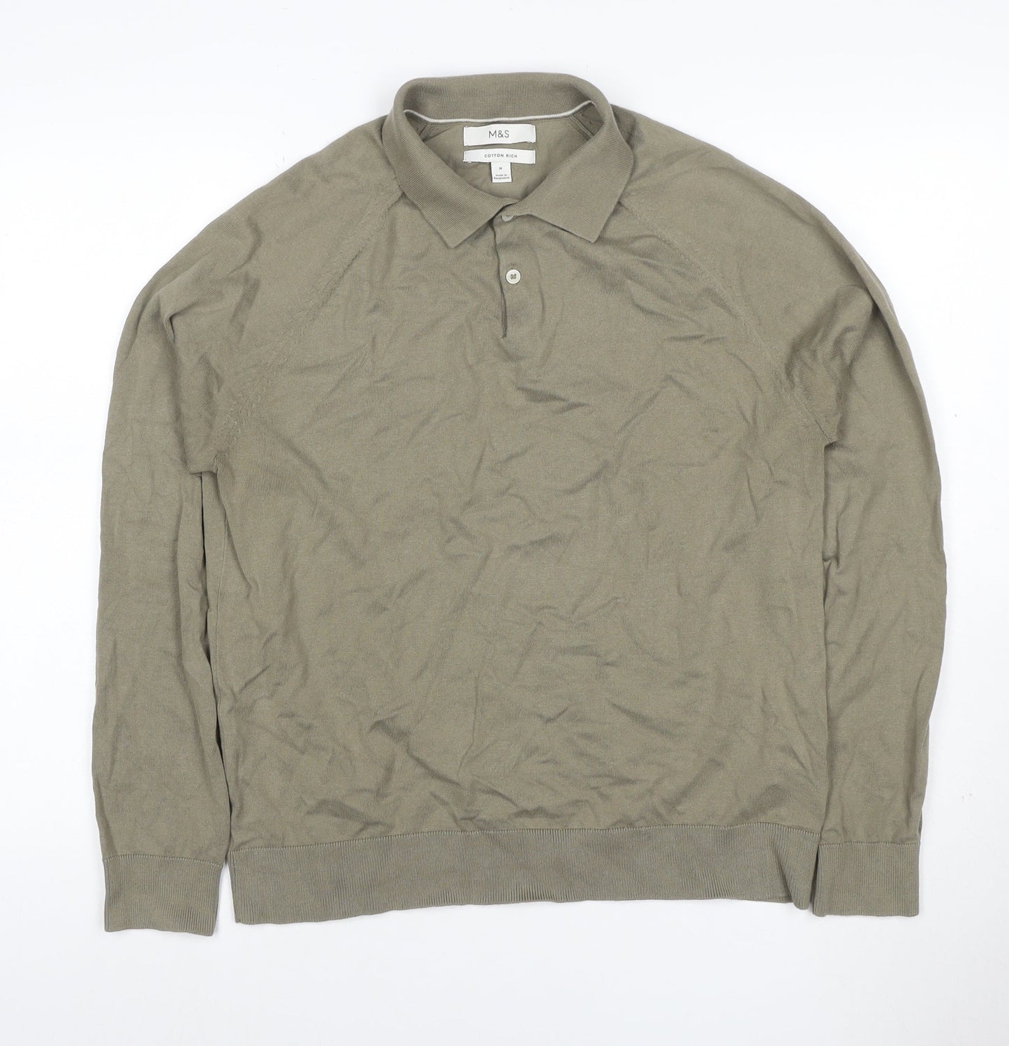 Marks and Spencer Mens Beige M Long Sleeve Cotton Rich Knit Polo