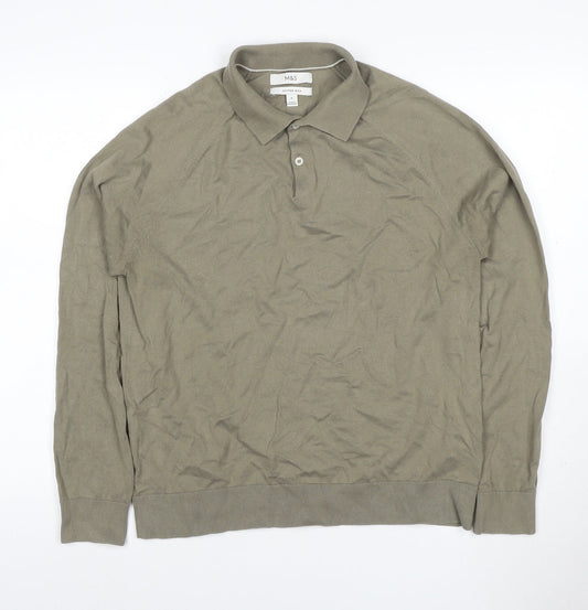 Marks and Spencer Mens Beige M Long Sleeve Cotton Rich Knit Polo