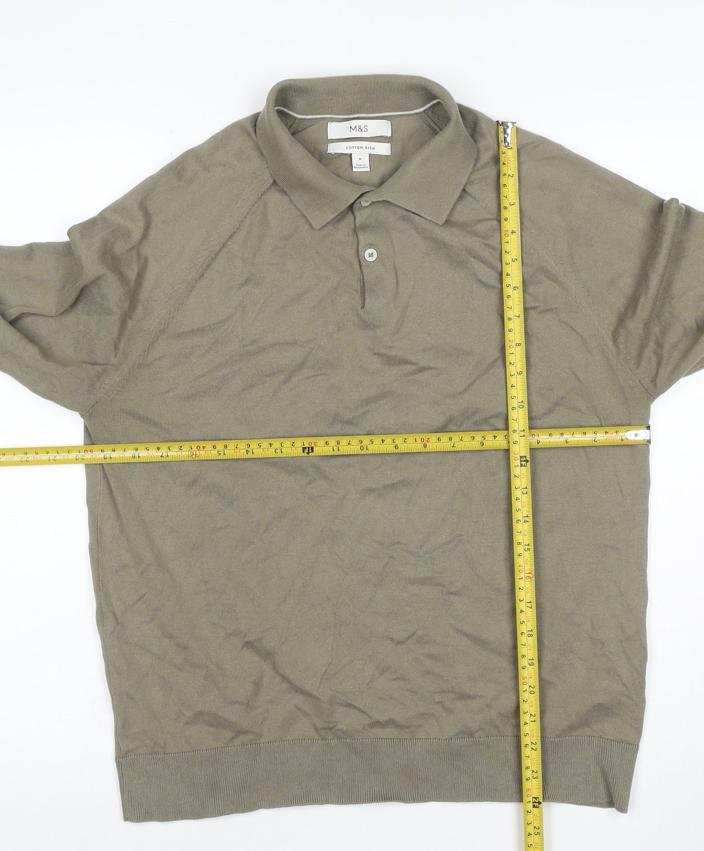 Marks and Spencer Mens Beige M Long Sleeve Cotton Rich Knit Polo