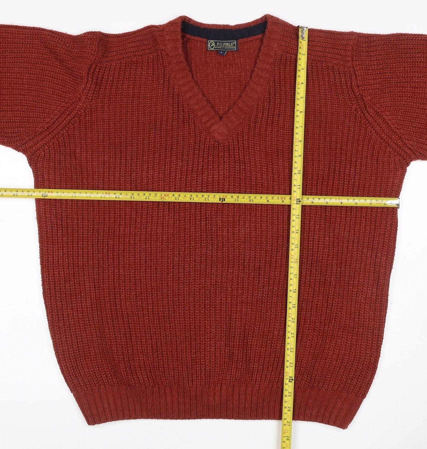 P.G. Field Men’s Red L V-Neck Cable Knit Acrylic Pullover Jumper