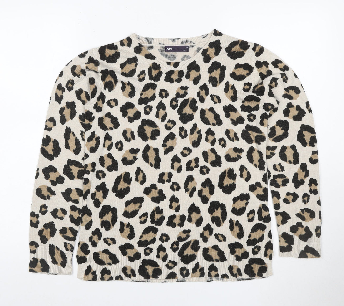 M&S Women’s Beige Leopard Print Cashmere Blend Jumper UK 12