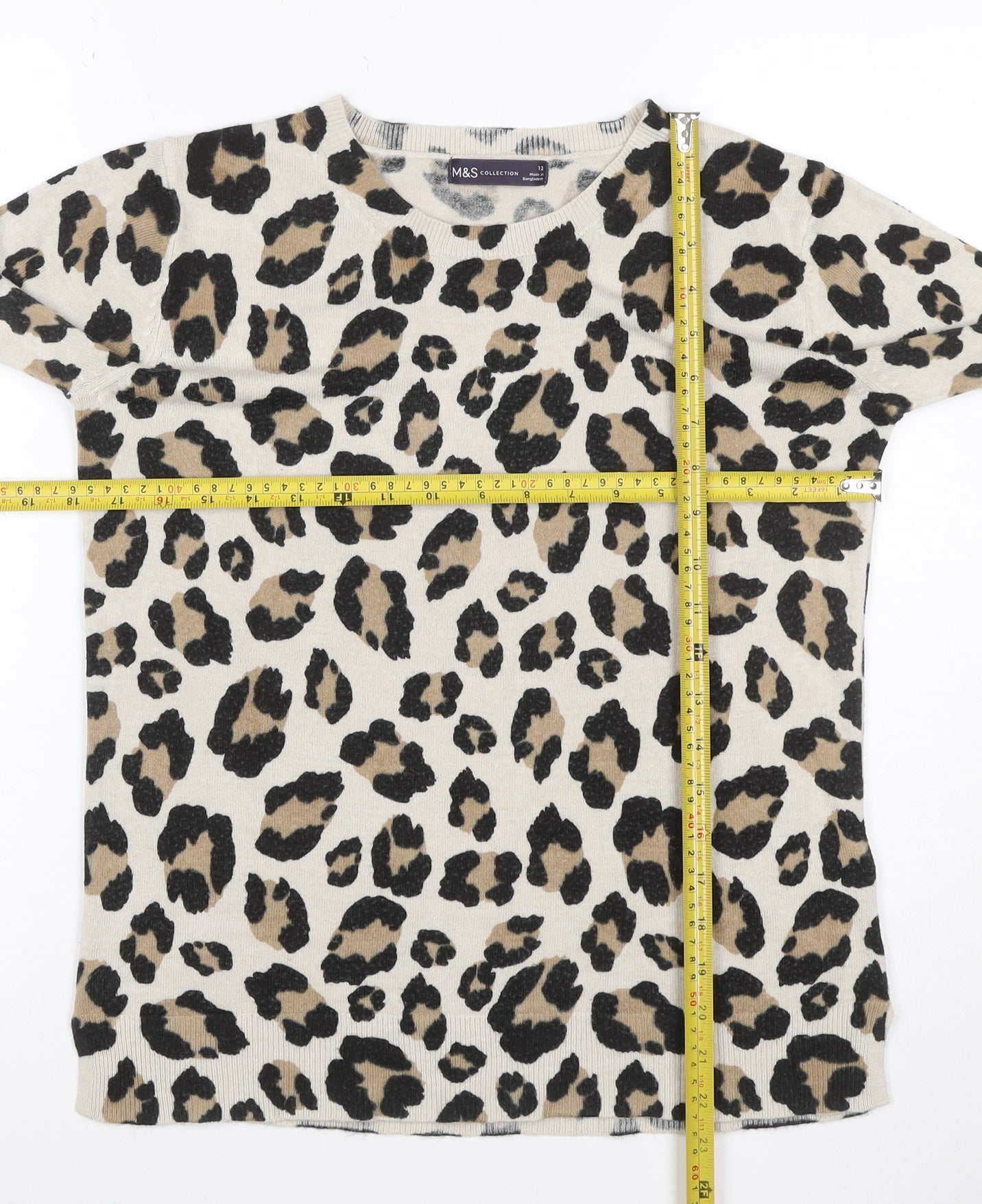 M&S Women’s Beige Leopard Print Cashmere Blend Jumper UK 12