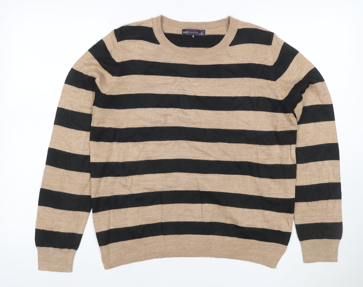 M&S Women’s Beige Black Stripe Crew Neck Acrylic Knit Jumper UK 12