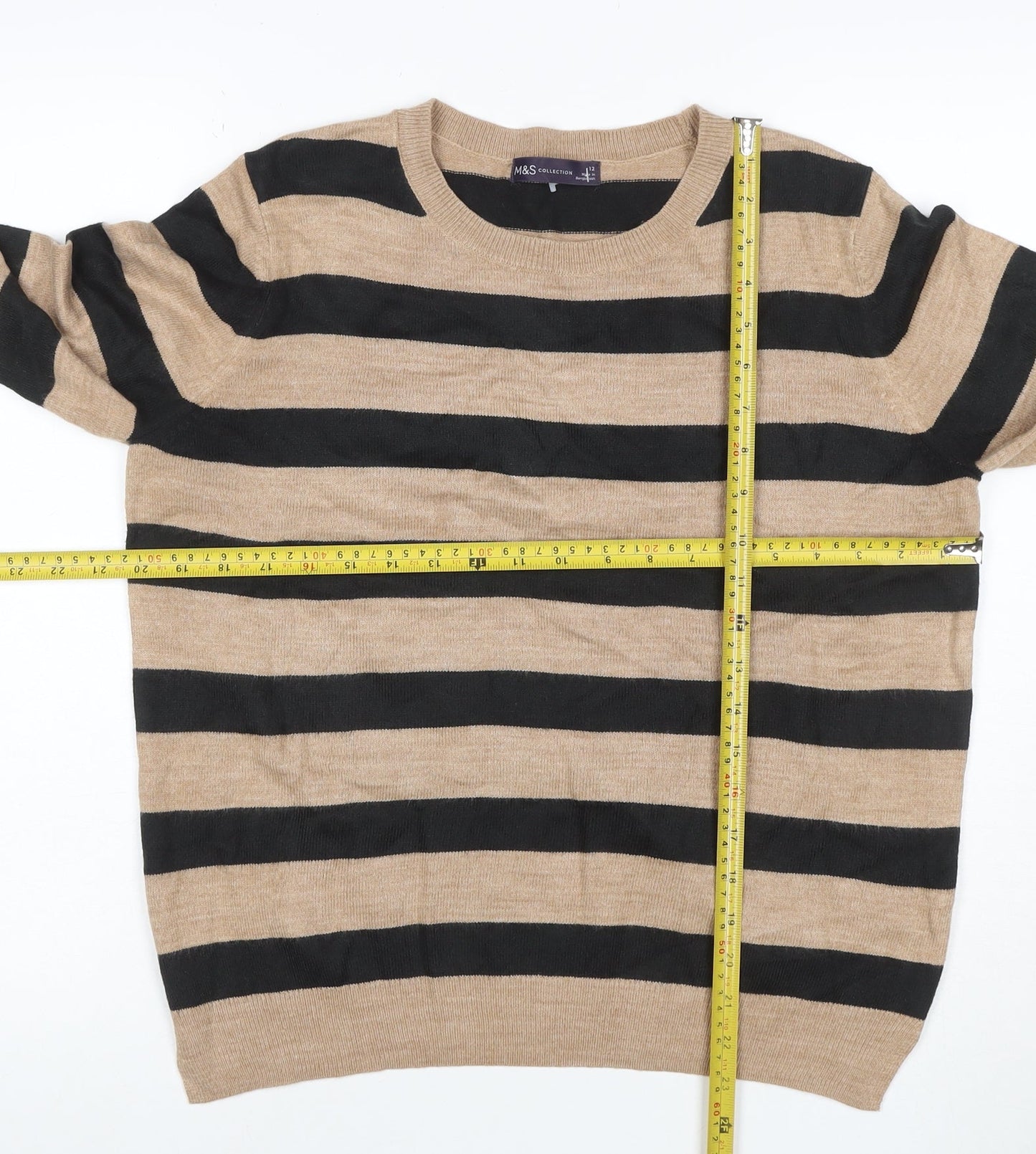M&S Women’s Beige Black Stripe Crew Neck Acrylic Knit Jumper UK 12