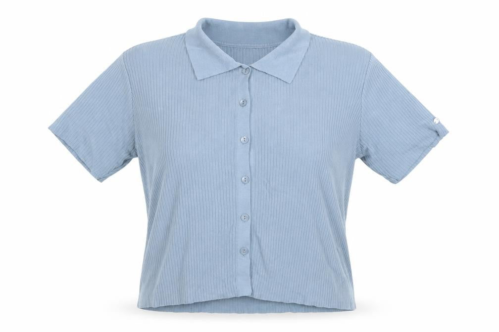 Van Heusen Women Blue M Ribbed Knit Collared Short Sleeve Button-Up Top