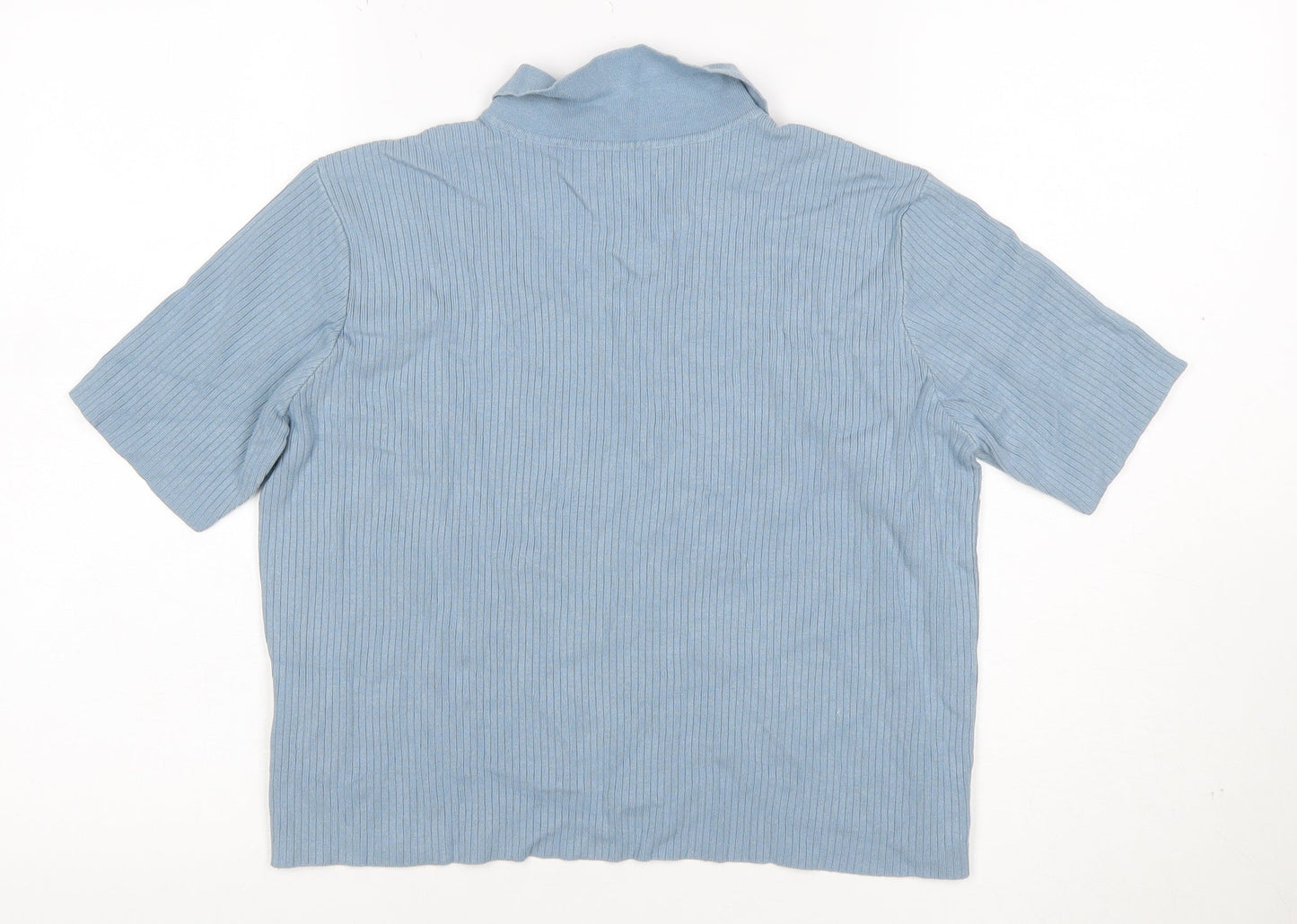 Van Heusen Women Blue M Ribbed Knit Collared Short Sleeve Button-Up Top