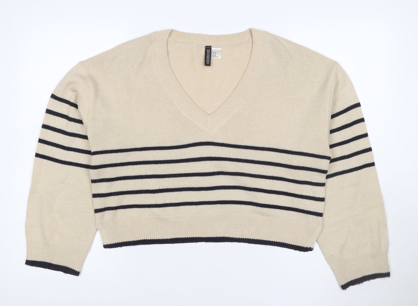 H&M Divided Women Beige Black Stripe V-Neck Knit Jumper UK 12