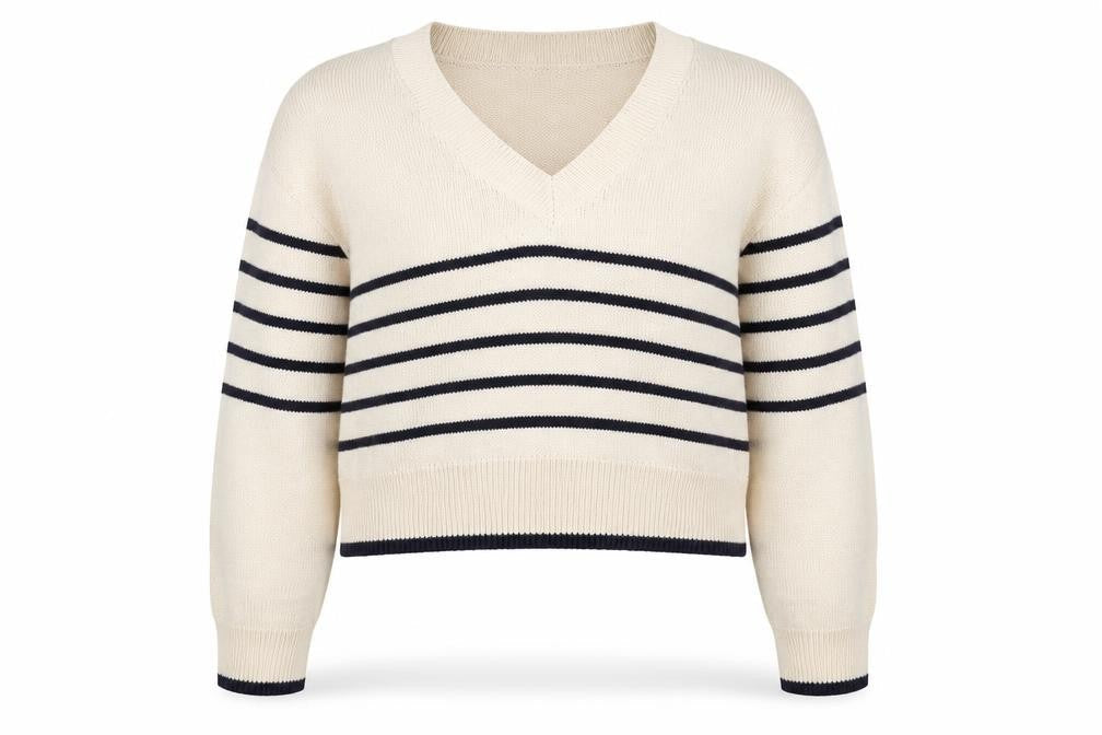 H&M Divided Women Beige Black Stripe V-Neck Knit Jumper UK 12