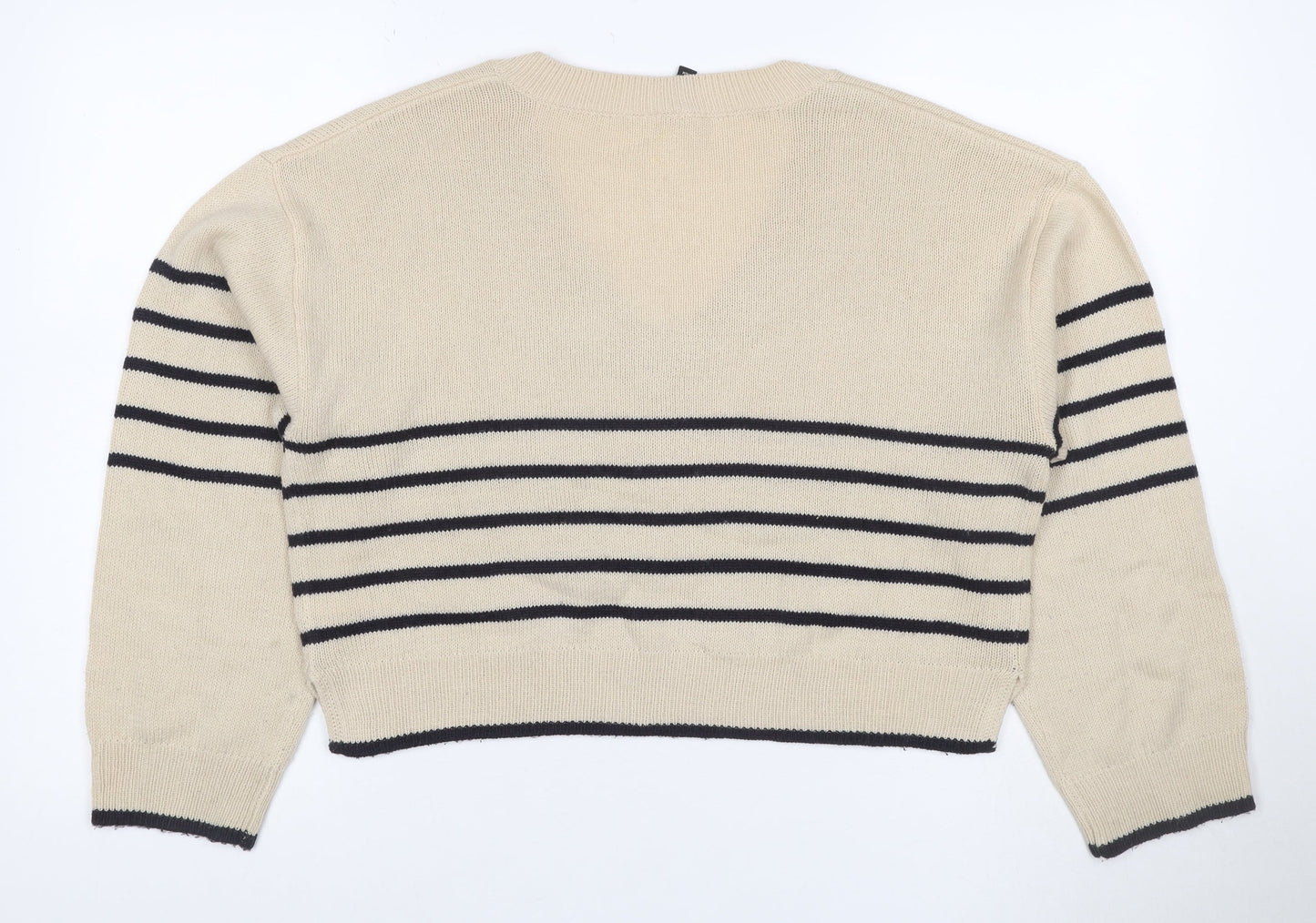 H&M Divided Women Beige Black Stripe V-Neck Knit Jumper UK 12