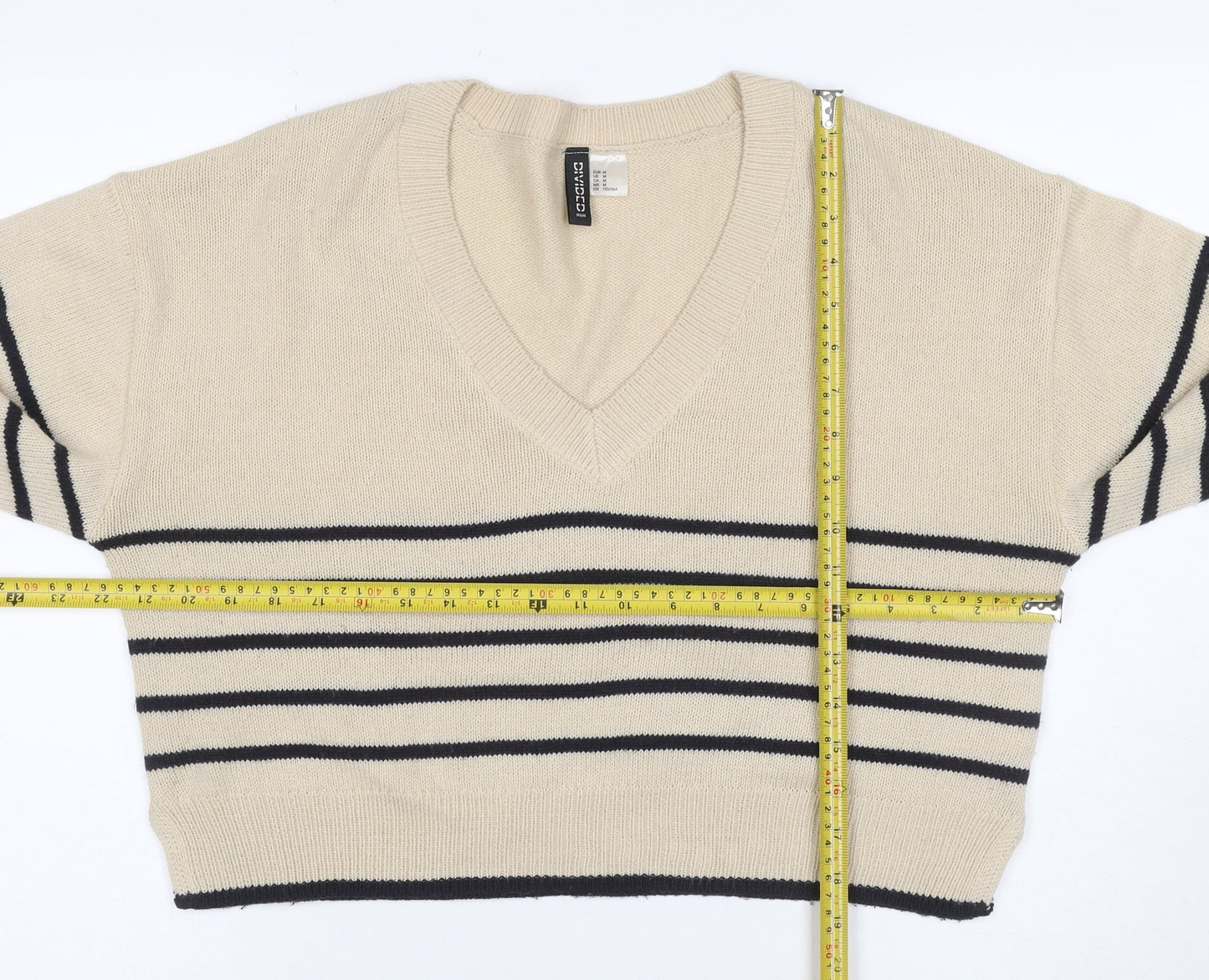 H&M Divided Women Beige Black Stripe V-Neck Knit Jumper UK 12