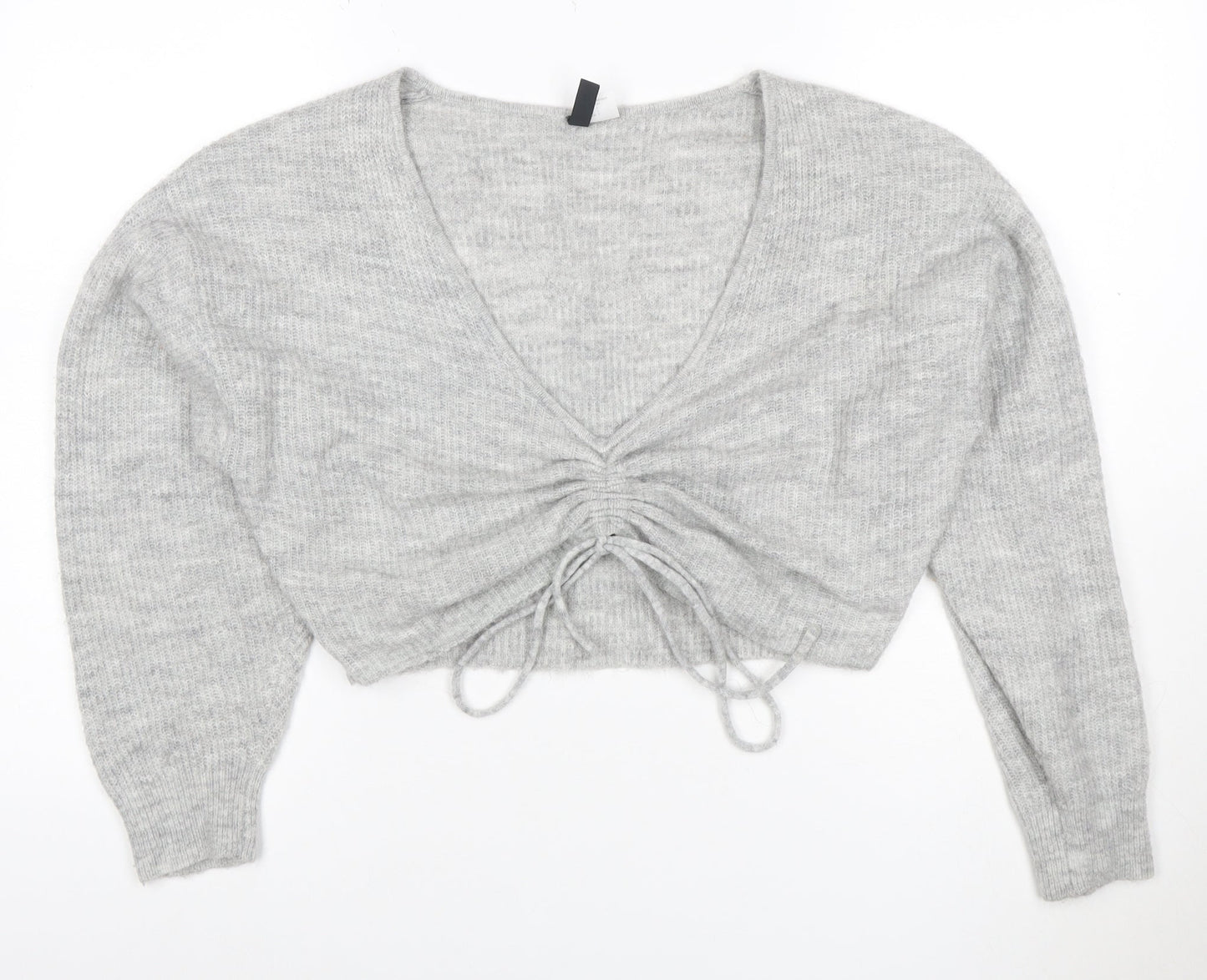 Cubic Women Grey S V-Neck Drawstring Cropped Knit Pullover Jumper