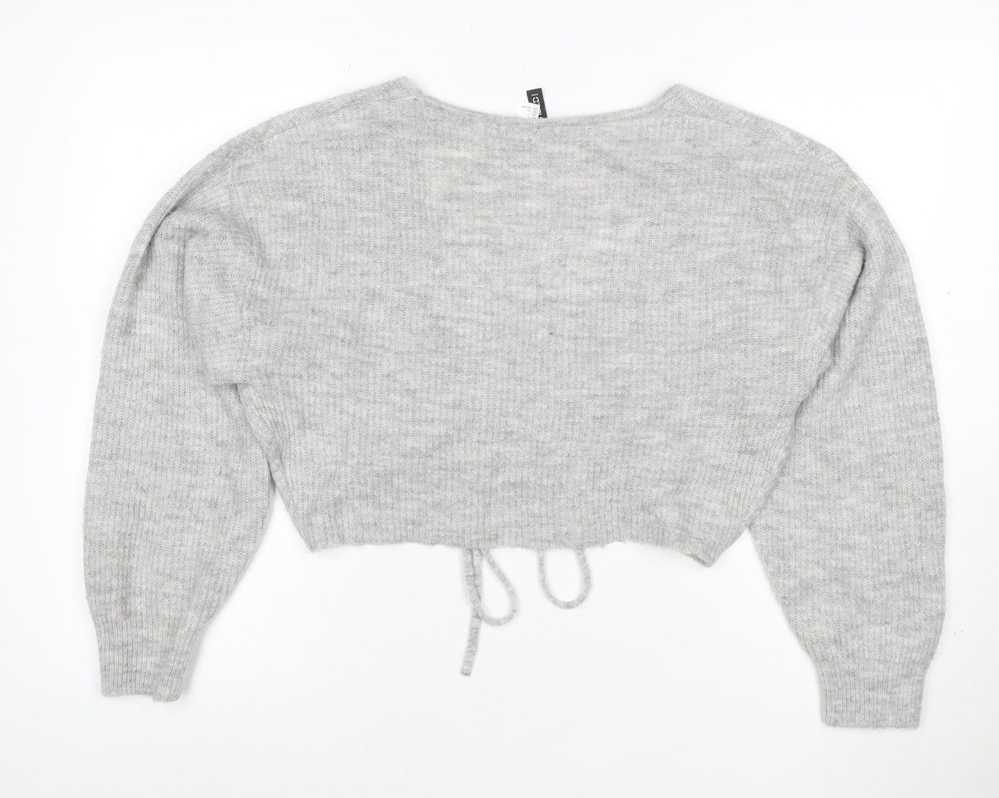 Cubic Women Grey S V-Neck Drawstring Cropped Knit Pullover Jumper