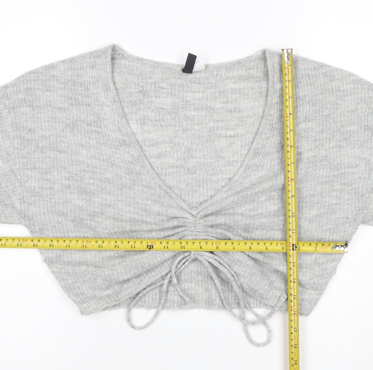 Cubic Women Grey S V-Neck Drawstring Cropped Knit Pullover Jumper